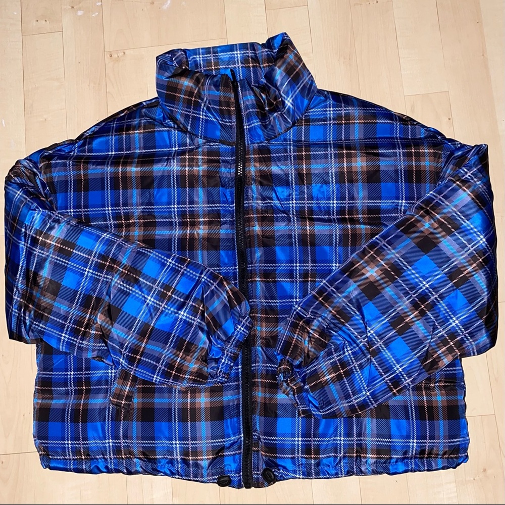 Blue plaid puffer
